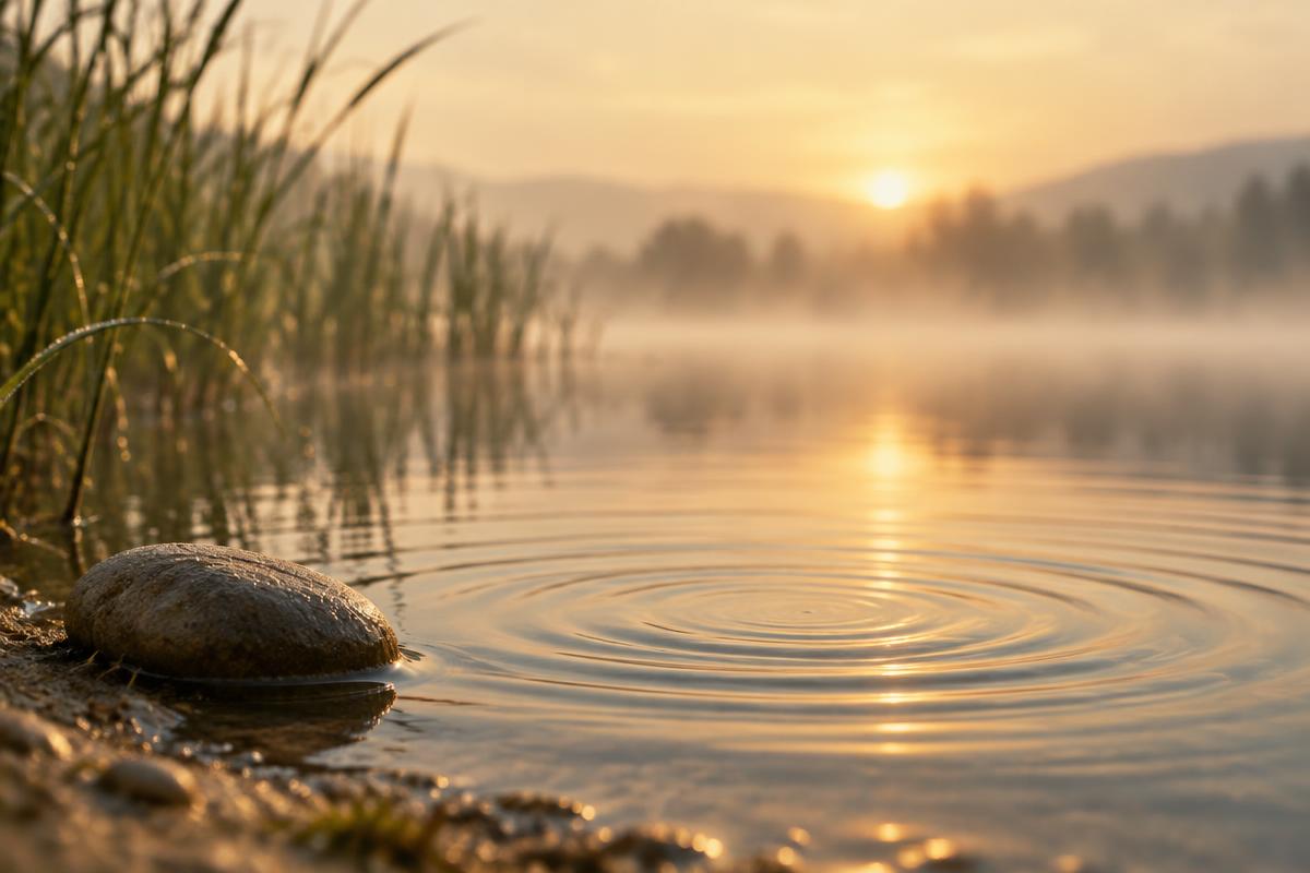 Still water at dawn with slow ripples spreading across the surface